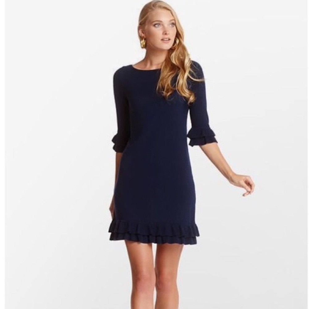 Lilly Pulitzer Navy Blue 100% Merino Wool Ruffle Trim Sweater Dress Size…